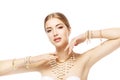 Woman Jewelry, Gold Pearl Jewellery Bracelet and Necklace, Fashion Beauty Portrait