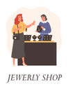 Woman in Jewelry shop buying gold jewellery, flat vector illustration isolated. Royalty Free Stock Photo