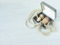Woman Jewelry. Vintage jewelry background. Beautiful pearl necklace, bracelet and old cameos in a gift box on white wood. Flat Royalty Free Stock Photo