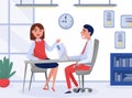 Woman at Job Interview Sit at Table Talking to Man Manager Vector Illustration Royalty Free Stock Photo