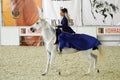 Woman jockey in a dark blue dress riding a white horse. During the show. International Equestrian Exhibition Moscow