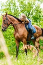 Woman jockey training riding horse. Sport activity Royalty Free Stock Photo