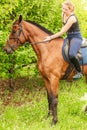 Woman jockey training riding horse. Sport activity