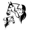 Woman jockey wearing helmet and horse head black and white vector portrait Royalty Free Stock Photo