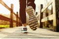 Woman jogging across an old country bridge at sunset Royalty Free Stock Photo