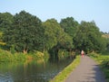 A woman jogging a long a canal towpath surrounded by green summer trees in calderdale west yorkshire near luddenden