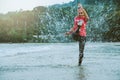 Woman jogging workout on the beach in the morning. Relax with the sea walk. in summer Royalty Free Stock Photo