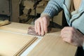 Woman joiner cleans sandpaper surface of door leaf in the carpentry shop Royalty Free Stock Photo