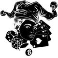 black silhouette of woman Joker with card, eight ball and dice. vector illustration on white background Royalty Free Stock Photo