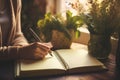 Woman journaling in her personal journal. Writing in the notebook in the room with plants, calm morning routine, therapy