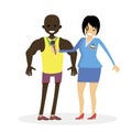 Woman journalist interviews a african male athlete. Man winner. Character vector flat illustration people.