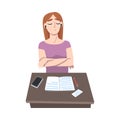 Woman Journalist Sitting at Desk Relaxing Before Article Writing Vector Illustration