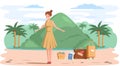 Woman in journey through tropical island with palm trees and mountaines, summer vacation, leisure