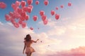 A woman joyfully flies a colorful bunch of heart shaped balloons in the sky, Person releasing a bunch of heart balloons into the Royalty Free Stock Photo