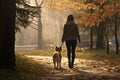 A woman joyfully walks her dog in the park, embracing the beauty of nature and the bond with her loyal pet, woman walking with her