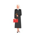 Woman judge wearing traditional black robe holding a folder with the case