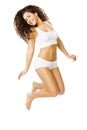 Woman Jump, Happy Girl Jumping in White Underwear, Joyful Model
