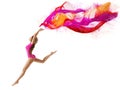 Woman Jump Sport, Girl Dancer, Gymnast Fly Pink Cloth