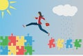 Woman jumping from bad puzzle pieces to more stability.Vector illustration Royalty Free Stock Photo