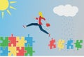 Woman jumping from bad puzzle pieces to more stability.Vector illustration Royalty Free Stock Photo