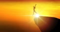 woman jumping on a mountain top with rays of light. Shadows slim sports woman raised arms while jump on