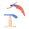 Woman jumping over vaulting table or horse apparatus during vault gymnastics performance. Sport character in free salto flight