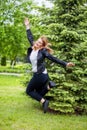 Woman jumping on path Royalty Free Stock Photo