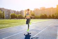 Woman with jumping rope. Beautiful young woman with a jumping rope in her hands Royalty Free Stock Photo