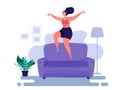 Woman jumping on sofa. Stay home entertainment. Funny life moment. Sturdy furniture