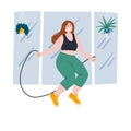 Woman jumps with skipping rope at gym, does training exercises. Flat cartoon hand drawn body positive, well-being and