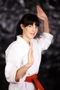 Woman, karate and portrait, fight pose and self defense sport with muay thai and training. Athlete, combat and power