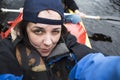 Woman in kayak boat doing selfie. Royalty Free Stock Photo