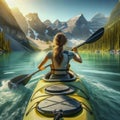 a woman in a kayak is in the middle of the lake