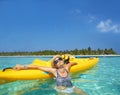 Woman, kayak and tropical sea in summer with sunglasses, mockup space and blue sky background by island. Person, boat or