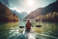 Woman kayaking alps. Generate Ai