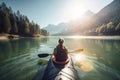 Woman kayaking alps sunny day. Generate Ai