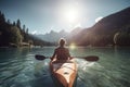 Woman kayaking alps vacation. Generate Ai
