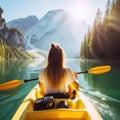 woman kayaking or canoeing on a flat water