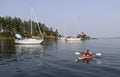 Woman kayaking with a dog in Princess Bay, Portland Island