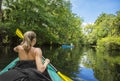 Woman Kayaking down a beautiful tropical jungle river