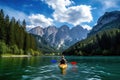 Woman kayaking on the lake in the Dolomites, Italy, Beautiful woman kayaking on a beautiful mountain lake with green trees, AI