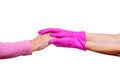 Woman keep carry closeup retiree gloves doctor hospice pink nurse hands old person white background medical Royalty Free Stock Photo