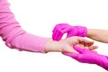 Woman keep carry closeup retiree gloves doctor hospice pink nurse hands old person white background medical Royalty Free Stock Photo