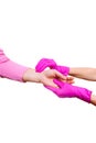 Woman keep carry closeup retiree gloves doctor hospice pink nurse hands old person white background medical Royalty Free Stock Photo