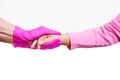 Woman keep carry closeup retiree gloves doctor hospice pink nurse hands old person white background medical Royalty Free Stock Photo