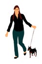 Woman keeps miniature Pincher dog on the leash. Relax time after work with pet.