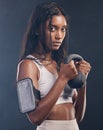 Woman, kettlebell and portrait of exercise in studio for fitness, sports workout or serious mindset. Face of strong