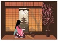 Woman in kimono conducts a traditional japanese tea ceremony.