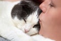 Woman kissing a cute sleeping cat, close-up Royalty Free Stock Photo