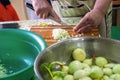 Woman in the kitchen cuts small onions